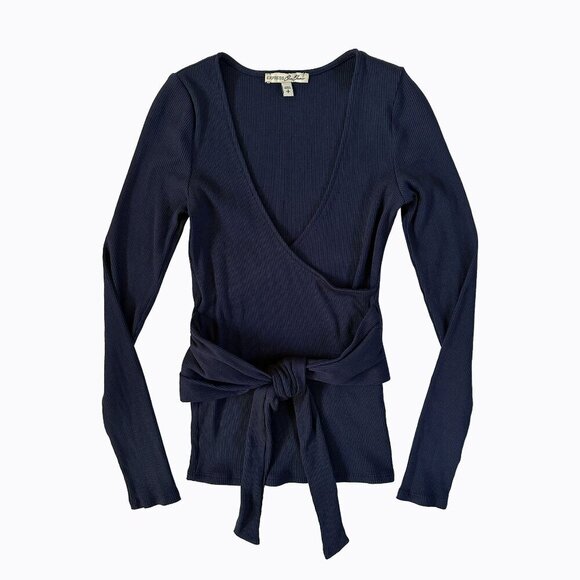 Express One Eleven Wrap Top Navy Blue Ribbed V-Neck Balletcore 90s Y2K Sz S/P - Picture 1 of 5